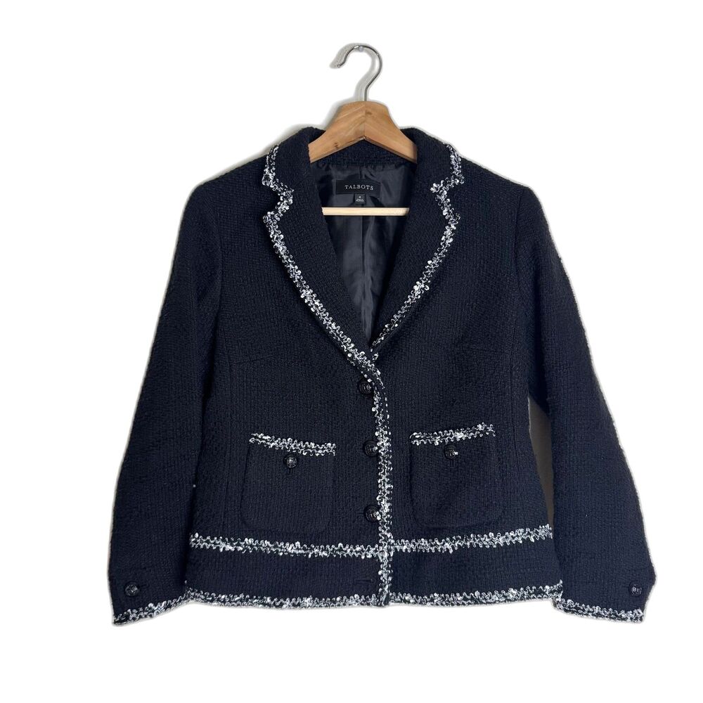 Talbots Jacket Womens 4 Black White Tweed Blazer Sequin Trim Pockets Button